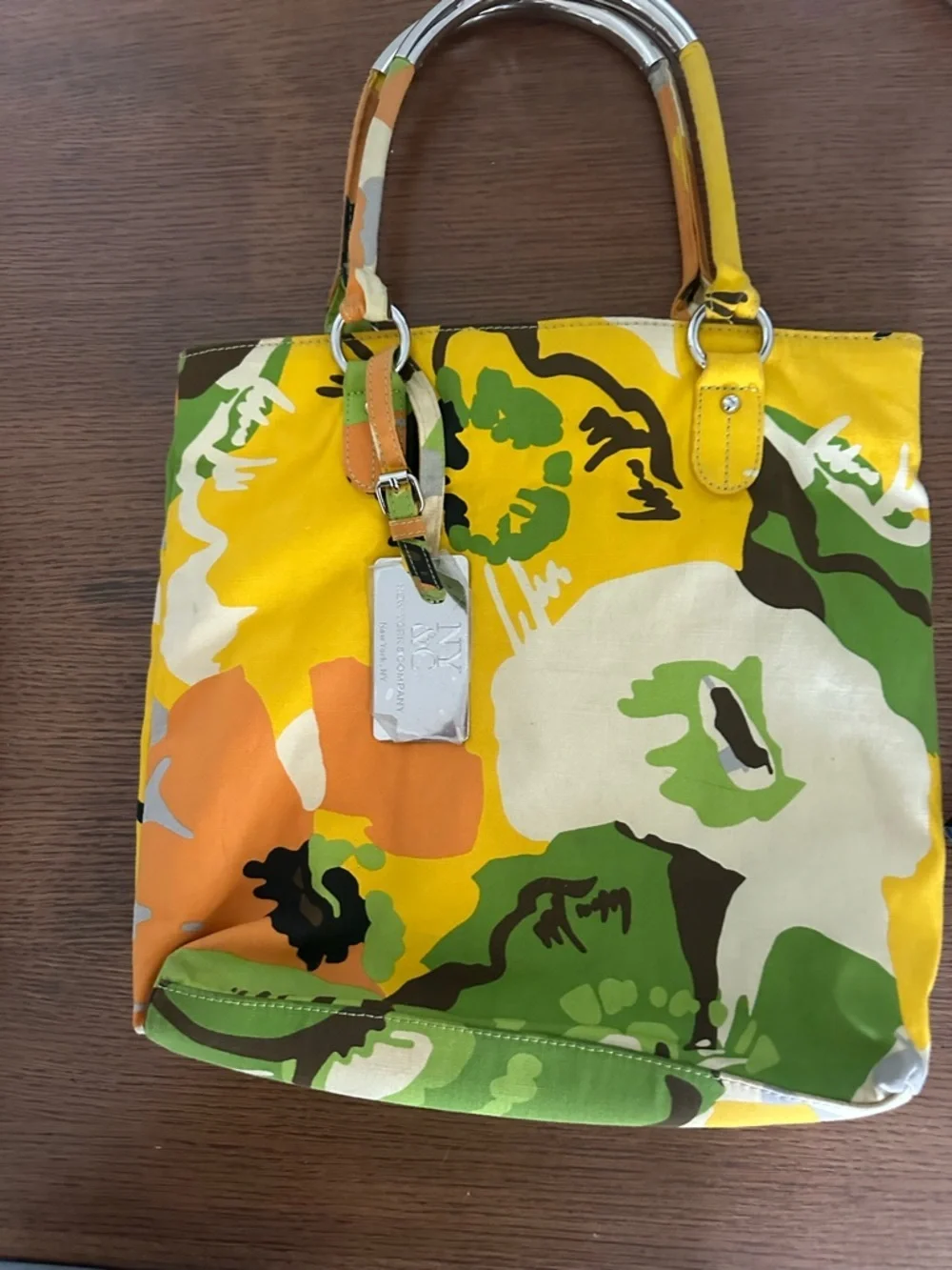 New York and Company Yellow Floral Canvas Tote Bag with Silver Accent - Picture 1 of 5